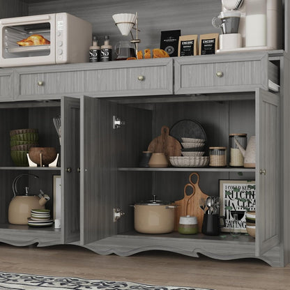 Kitchen Pantry Cabinet with Glass Doors and 3 Drawers, Tall Freestanding Storage Cabinet with Open Countertop, Fluted Doors, Living Room, Grey 59.1”W x 17.7”D x 74.8”H