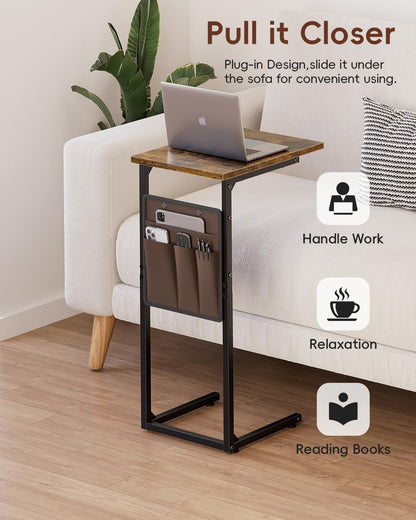 Vagusicc C Shaped End Table, Small Side Table for Couch, Tall Couch Side Table C Table for Small Space, TV Tray Slide Under Sofa Snack Table with Metal Frame for Living Room, Bedroom, Bedside, Brown
