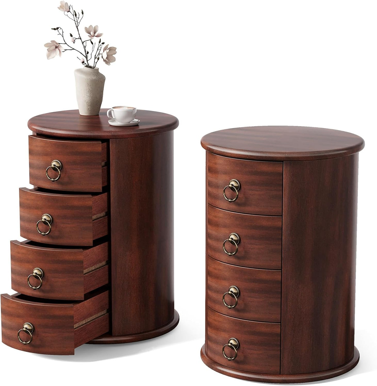 LITTLE TREE Night Stand Set of 2, Small Solid Wood Side Table with 4 Drawers, Mid Century Round End Tables with Storage for Living Room, Bedroom, Small Spaces, Couch, Bedside, No Assembly Required