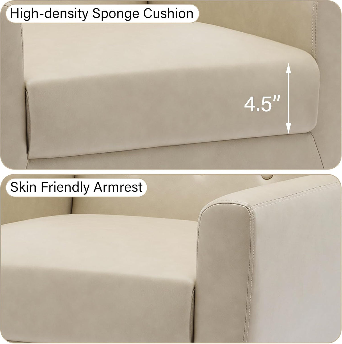 Accent Chair Set of 1, Mid-Century Modern PU Leather Chairs with Arms for Living Room, Comfy Upholstered Club Single Sofa Armchair for Bedroom Waiting Room with Solid Wood Frame, Leather Cream