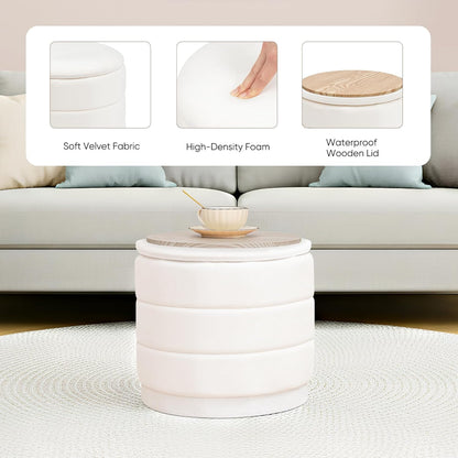 15.4" Round Velvet Storage Ottoman with Reversible Lid, Upholstered Circular Ottoman Footrest with Hidden Storage, Foldable Padded Footstool for Dorm Living Room & Bedroom, White