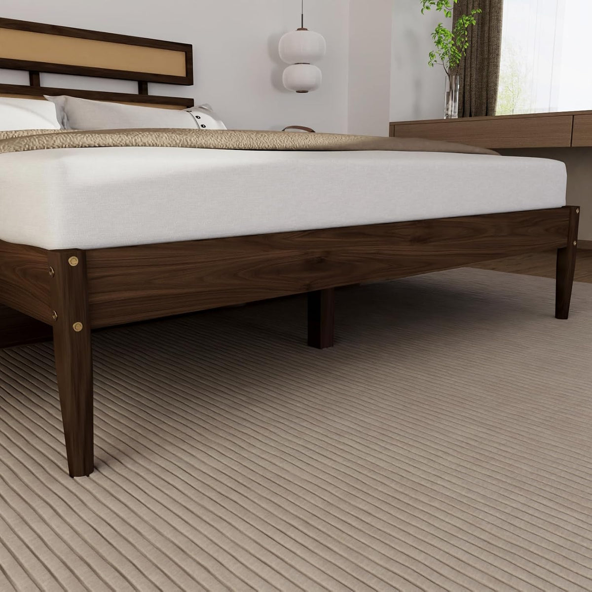 Karl home Bohemia Wood Bed Frame, Queen Size Platform Bed, Walnut Brown