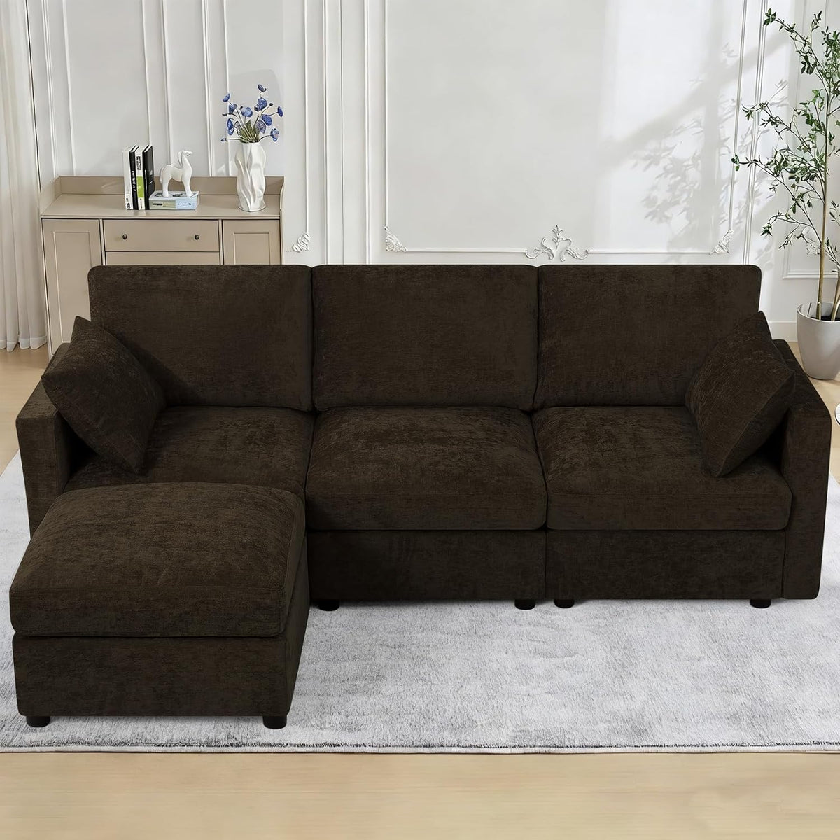 84” Chenille 3-Seats Sofa W/Movable Ottoman, Brown | Modern Fabric L-Shaped Couch w/Soft Backrests, Upholstered Sectional Sofa w/Arm Pillows for Living Room