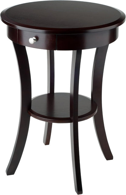 Casafoyer Wood Sasha Accent Table, 20" Round Top, 27" High, Solid Wood with Drawer & Shelf, Elegant Curved Design in Cappuccino Finish, Versatile for Living Room, Bedroom, or Entryway
