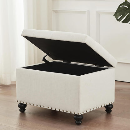 Zihanhome Small Storage Ottoman, Tufted Ottoman Foot Rest, Foot Stools, 24" Upholstered Rectangle Bench with Solid Wood Legs for Living Room, Bedroom, Dorms and Apartments (White)