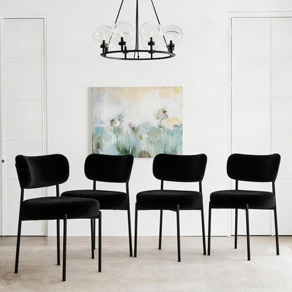 Black Boucle Dining Chairs Set of 6, Upholstered Dinner Chair with Metal Frame, Dining Room Chairs with Padded Seat, Round Modern Seating for Living Room