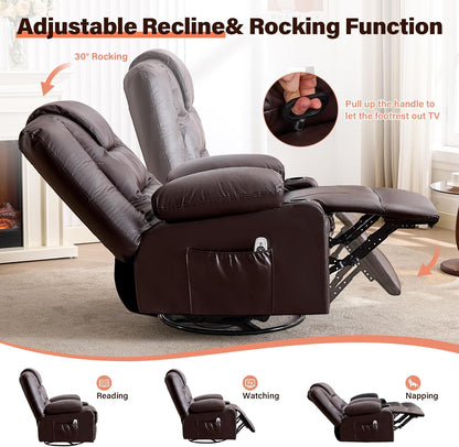 MAHOMICO Swivel Rocker Recliner Chair with Vibration Massage and Heat for Living Room,with Rocking Function and Side Pocket, PU Leather USB Charge Port,2 Cup Holders