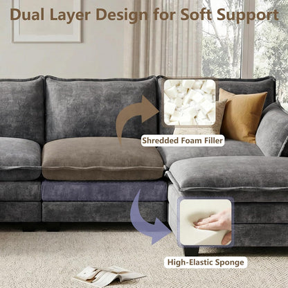 Modular Sectional Couch for Living Room, U Shaped Comfy Sofa | Comfortable Foam Cushions, Sturdy Frame, Appealing Look, Easy Assembly, Soft Chenille Fabric, Movable Ottoman, Dark Gray