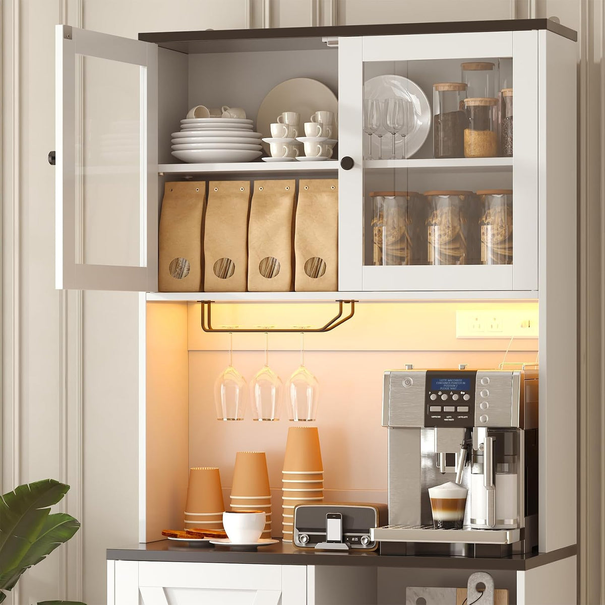 71" Tall Coffee Bar Cabinet with Storage Hutch, Farmhouse Kitchen Pantry Cabinet with LED Lights Microwave Stand and Glass Holder for Home Dining Room Kitchen,White