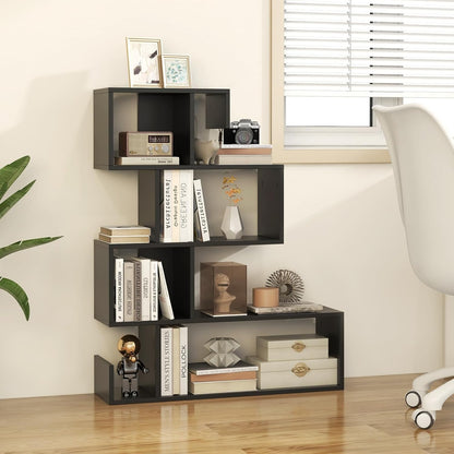 Tangkula S-Shaped Bookshelf, 5-Tier Modern Geometric Stepped Bookcase with Anti-Tipping Kits, Freestanding Corner Ladder Display Rack for Living Room Home Office (1, Black)