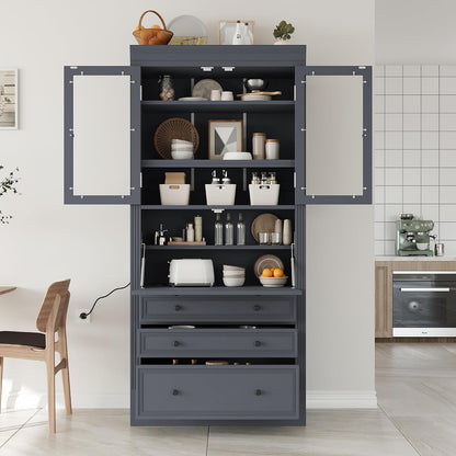 SOFTSEA Kitchen Pantry Cabinet with 3 Drawers, Kitchen Storage Cupboard with Power Outlet and Adjustable Shelves, Freestanding Display Cabinet for Living Room Dining Room, 36x16.5x78inch, Grey