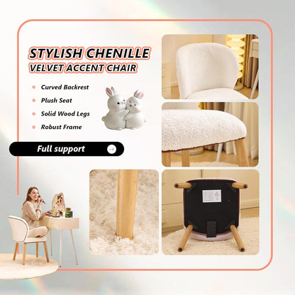 VINGLI Chenille Curved-Back Armless No Wheels Vanity Chair for Girls, Cute & Furry Upholstered Desk Chair with Solid Wood Legs for Study/Makeup/Bedroom/Dressing, Fluffy Makeup Chair for Teens, White
