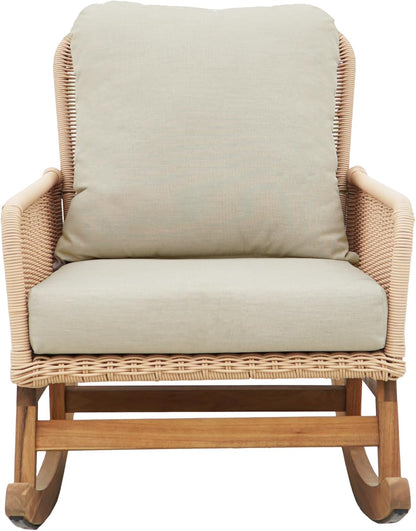 Rocking Chair with Padded Cushions, Modern Glider Chair, Wooden Frame with Rattan Armrest Design, Rocking Accent Chair with High Back for Living Room, Bedroom, Beige