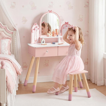 ROBOTIME Pink Kids Vanity Set with Butterfly Mirror Stool Age 3+, 39in×27in | Dress-up and makeup pretend play, butterfly mirror with stool and 2 drawers, builds confidence, birthday gift for age 3+