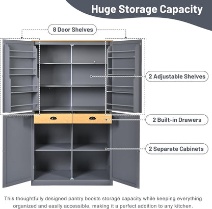 71.3" Freestanding Kitchen Pantry Cabinet with 2 Drawers, 8 Door Shelves & Adjustable Shelves, Large Farmhouse Storage for Kitchen Dining Room, Gray