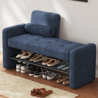 Miuuod 40.94" Navy Blue Upholstered Shoe Storage Bench with Adjustable Backrest,2-Tier Entryway Cabinet Ottoman,Bedroom Stool with Cushion, Narrow Hallway Organizer Shelf Seat for Living Room & Dorm