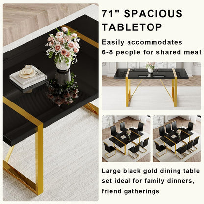 71" Modern Dining Table Set for 8, Black Dining Table Set for 8, Black Wood Tabletop with Gold Metal Legs, Rectangular Kitchen Table and 8 Faux Leather Chair for Apartment, Kitchen & Dining Room