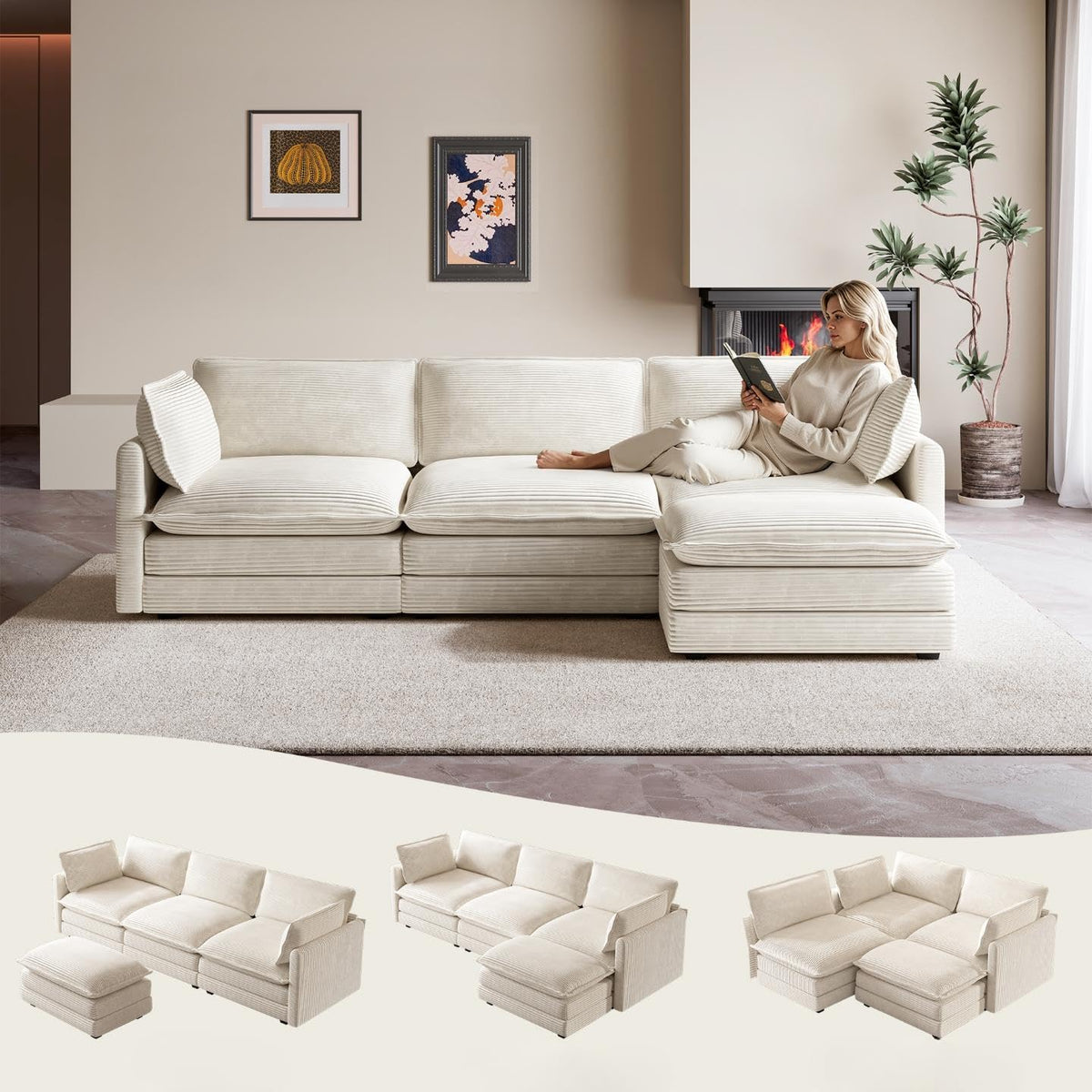 ROWHY 104'' Modular Sectional Cloud Couch with Movable Ottoman, 4 Seat Modern Corduroy Sofa, Deep Seat L Shaped Couch for Living Room Bedroom Apartment, Beige