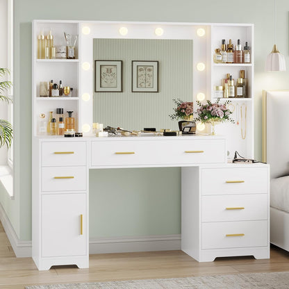 Hasuit 48.8'' Large Vanity Desk with Lighted Mirror & Power Outlet, White Makeup Vanity Table with 6 Drawers, 4 Shelves and 1 Storage Cabinet, Glass Tabletop Bedroom Dressing Table, 3 Lighting Modes