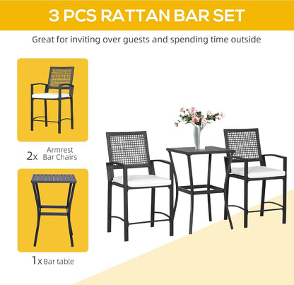 Patio Bar Set, 3 PCS Rattan Wicker Outdoor Furniture Set with Cushioned Stools and Table, Backyard Bistro Dining Set for Lawn Deck Poolside Porch Garden
