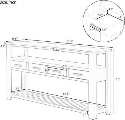 LUMISOL Console Table with 4 Drawers and 3-Tier Open Shelves, Wood Sofa Table Behind Couch with Metal Handles, Entryway Table for Living Room Foyer and Kitchen, White