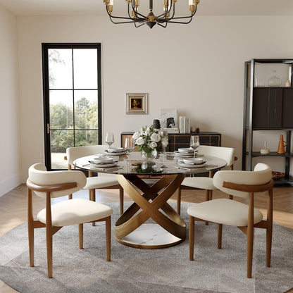 POVISON 51" Modern Round Dining Table, Glass Round Kitchen Table for 4, Tempered Glass Dining Room Table top with Bronze X Carbon Steel Base (Dining Table Only)