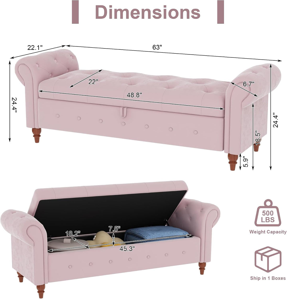 GNIXUU Ottoman with Storage Bench for Bedroom, 63" Velvet Upholstered End of Bed Storage Bench Seat, Rolled Arm Cushioned Ottoman with Wood Legs, Modern Window Chair for Living Room, Entryway, Pink