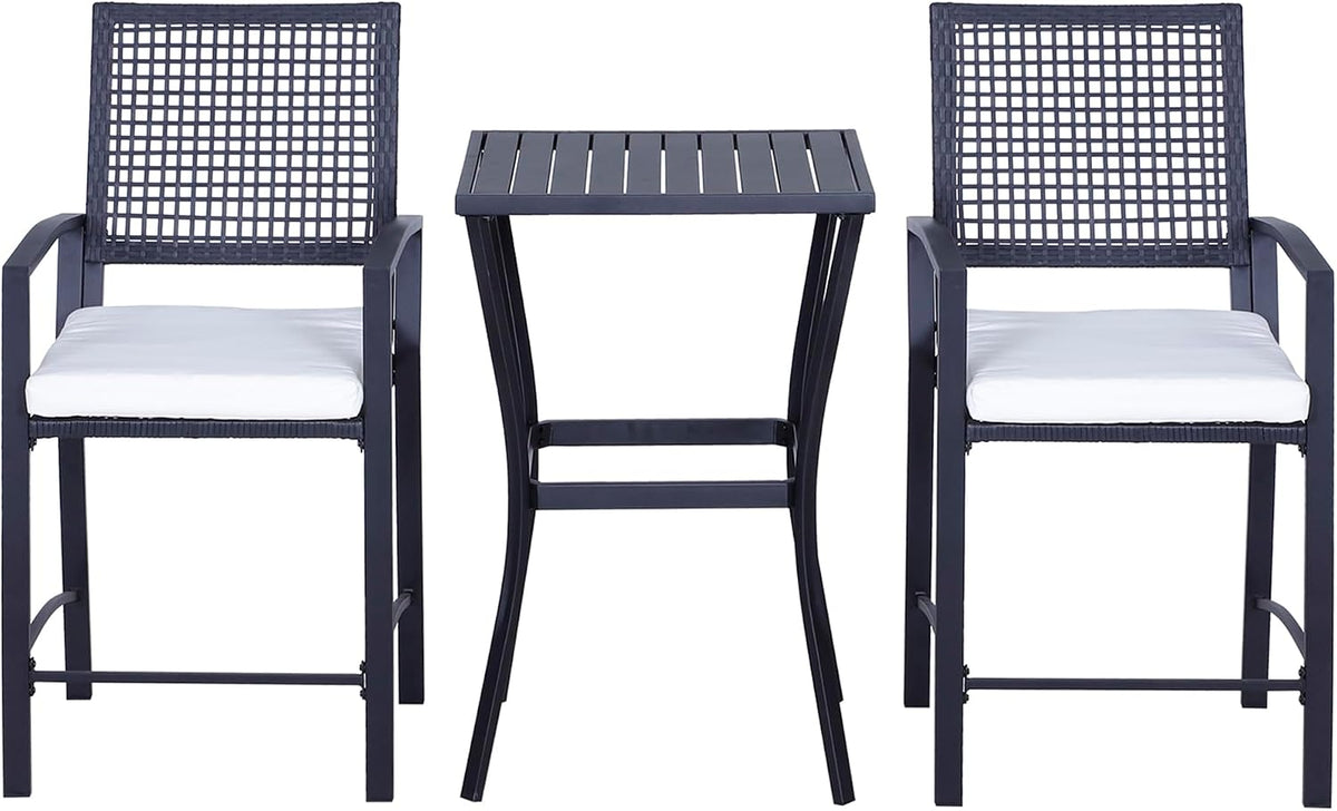 Patio Bar Set, 3 PCS Rattan Wicker Outdoor Furniture Set with Cushioned Stools and Table, Backyard Bistro Dining Set for Lawn Deck Poolside Porch Garden