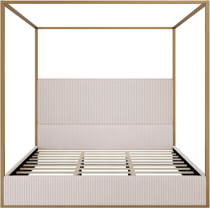 Modern Luxury 4-Poster Canopy Platform Bed King Size with Velvet Upholstered Tall Headboard, Metal Canopied Design Platform Bed Frame with Strong Slats Support (Beige+Gold-King)