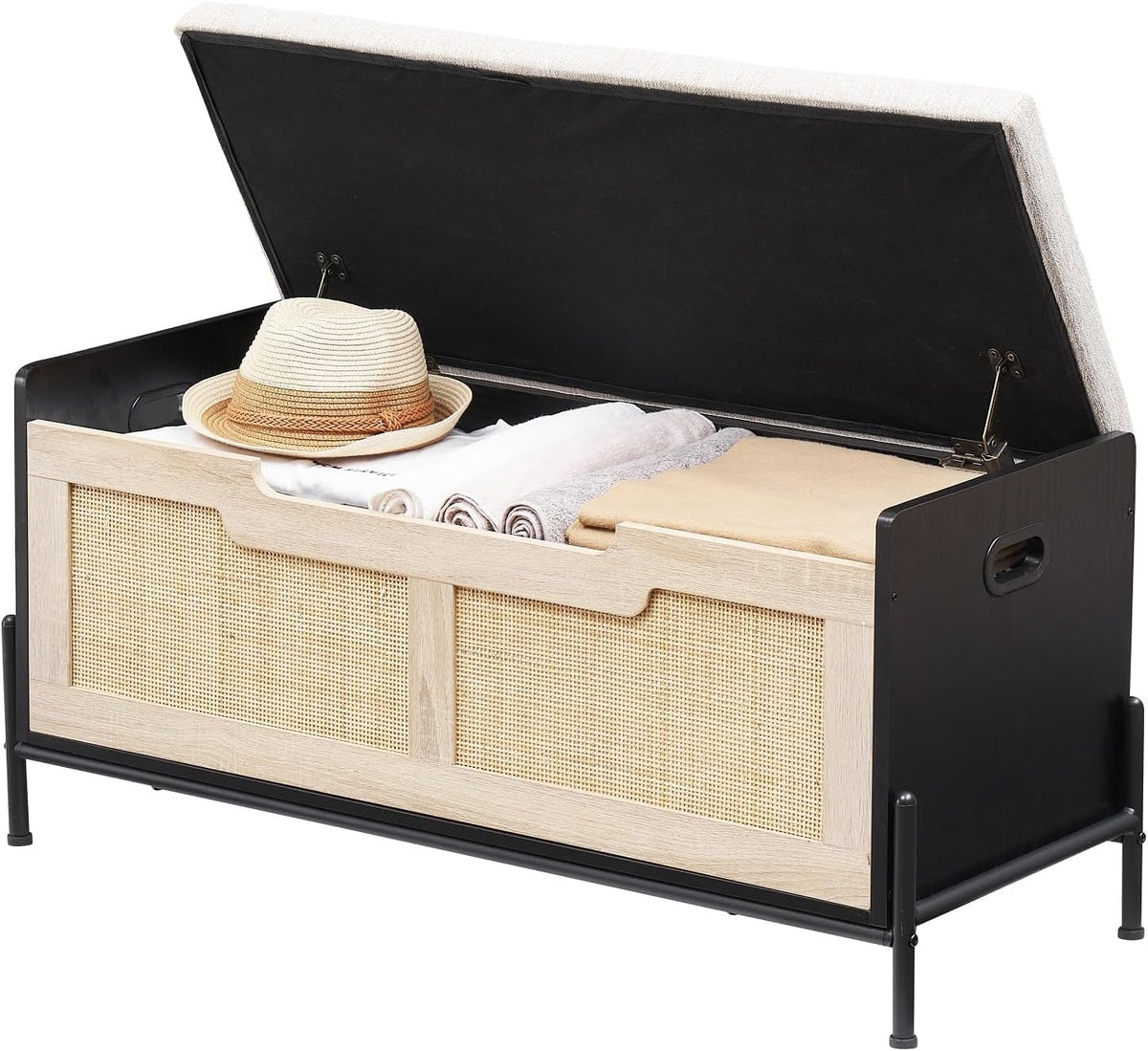 IDEALHOUSE Wooden Storage Chest with Seat Cushion, Storage Chest with 2 Safety Hinges, Entryway Bench for Organizer, Supports 260 Lb, Bedroom, Living Room