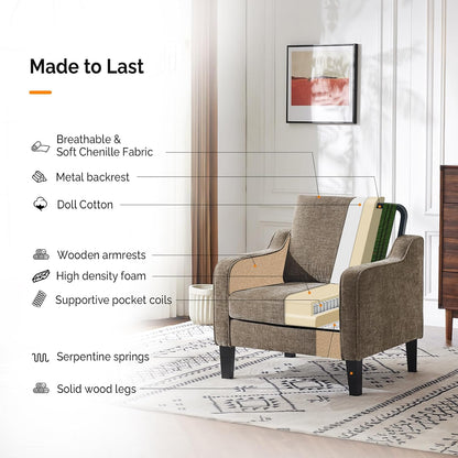 VINGLI Light Brown Accent Chair, Upholstered Armchair for Living Room | Chenille Reading Chair for Bedroom, Modern Traditional Sofa Chair, Comfy Chair for Small Space, Apartment, Waiting Room