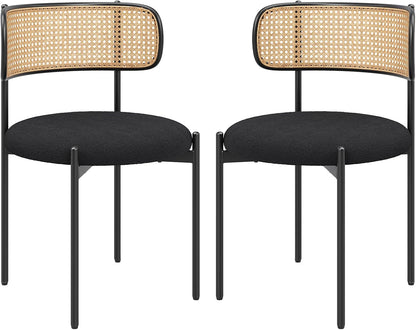 Farini Dining Chairs Set of 4,Mid-Century Modern Kitchen Chair Rattan Backrest Round Upholstered Sherpa Dining Chairs with Metal Legs,Black
