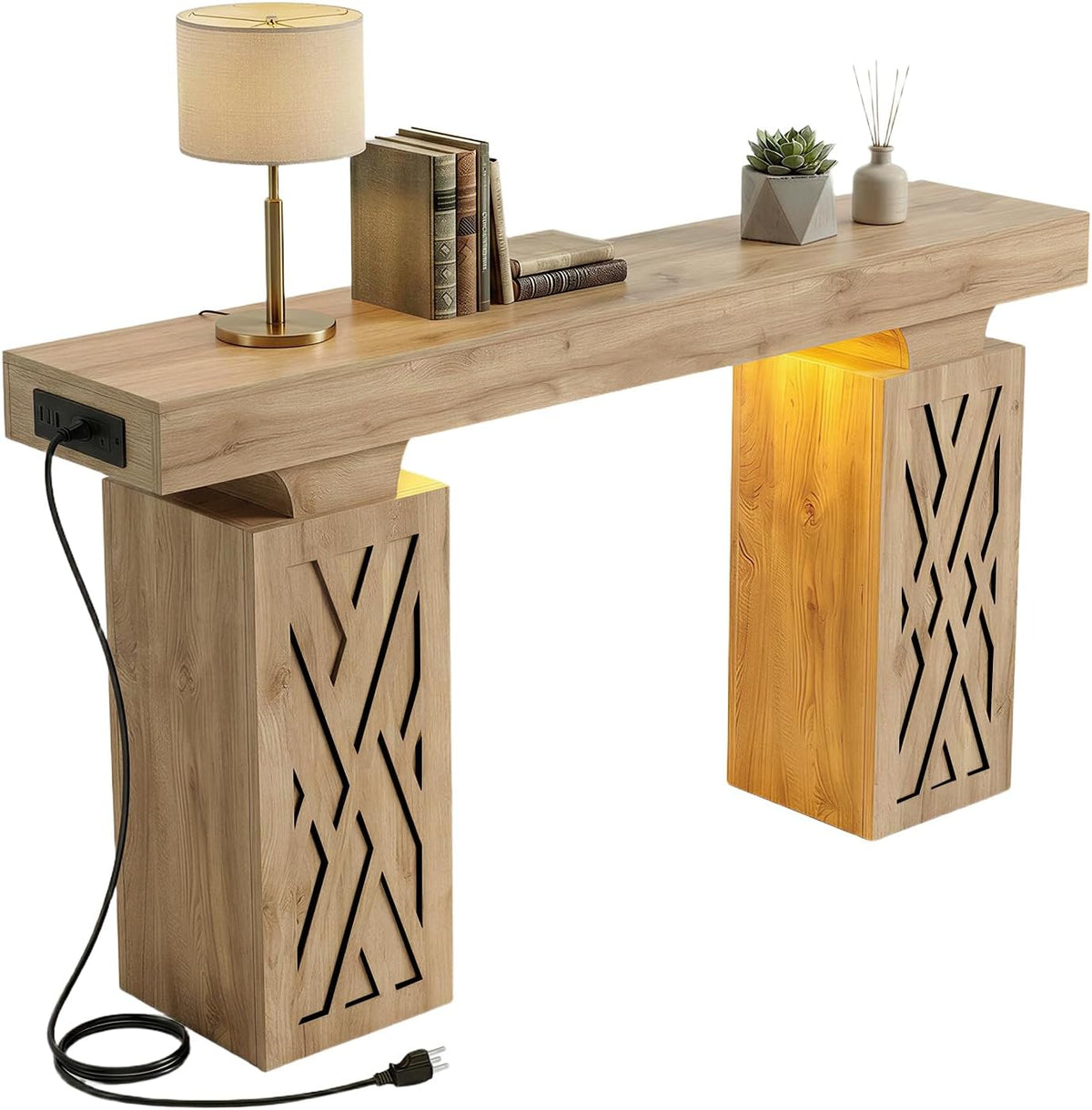 63-Inch Modern Console Table with LED & Outlet, Farmhouse Entryway Table with Geometric Base, Solid Wood-Grain Sofa Table Behind Couch, Narrow Accent Table for Hallway, Brown Oak