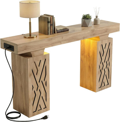 63-Inch Modern Console Table with LED & Outlet, Farmhouse Entryway Table with Geometric Base, Solid Wood-Grain Sofa Table Behind Couch, Narrow Accent Table for Hallway, Brown Oak