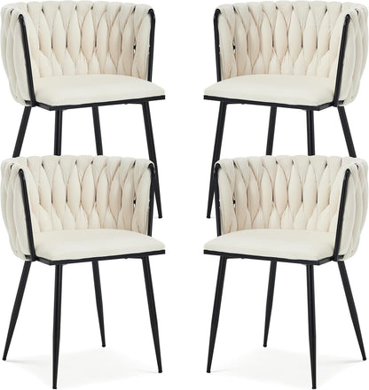 Velvet Dining Chairs Set of 4 with Black Metal Legs,White | Modern Accent Chairs with Upholstered, Woven Backrest, for Living Room, Dining Room, Kitchen,Easy and Quick Assembly