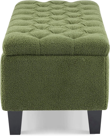 Christopher Knight Home Ottilie Boucle Fabric Storage Ottoman Bench, Wooden Rectangular Ottoman with Storage, Bedroom End of Bed Foot Stool, Entryway Ottoman Footrest, Living Room Extra Seat, Green