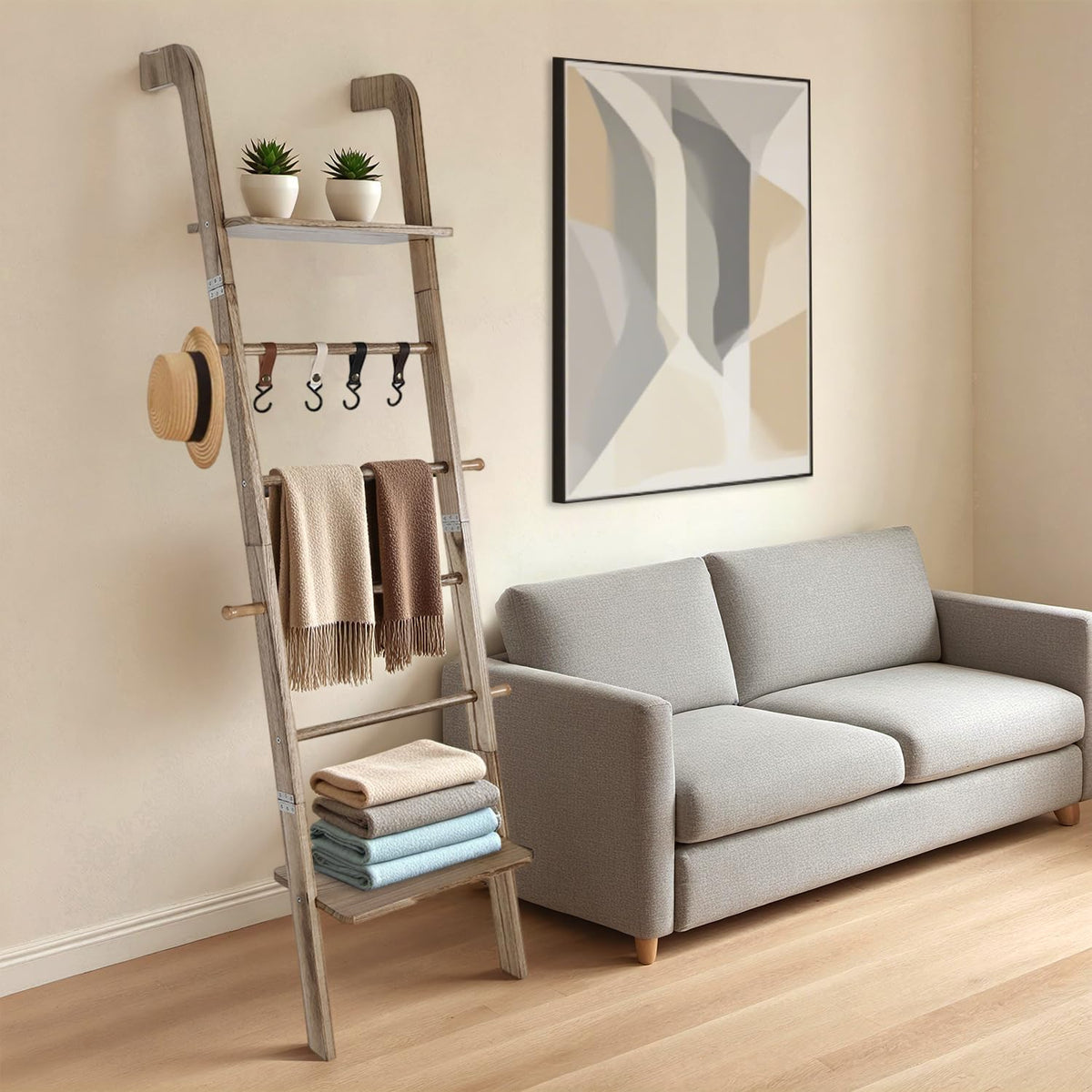 Wooden Ladder with Shelf for Room Decor, 6-Tier Decor Ladder with Non-Slip Mat & Hooks, Farmhouse Style Leaning Wall Display Holder