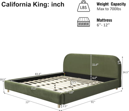 Virubi California King Size Upholstered Bed Frame with Curve Shaped Headboard, Modern Upholstered Platform Bed with Solid Wood Legs, Easy Assembly (California King,Olive Green)