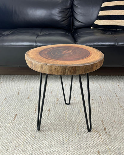Live Edge End Table, About 15-18" W x 17" H Natural Edge Camphor Wood Stump Side Table for Living Room, Unique Desktop with Metal Hairpin Legs, Natural Wood Nightstand, Plant Stand