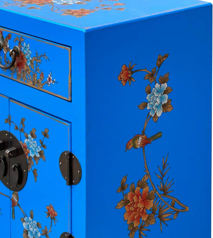 Chinese Bright Blue Vinyl Moon Face Flower Birds End Table Nightstand AGB064