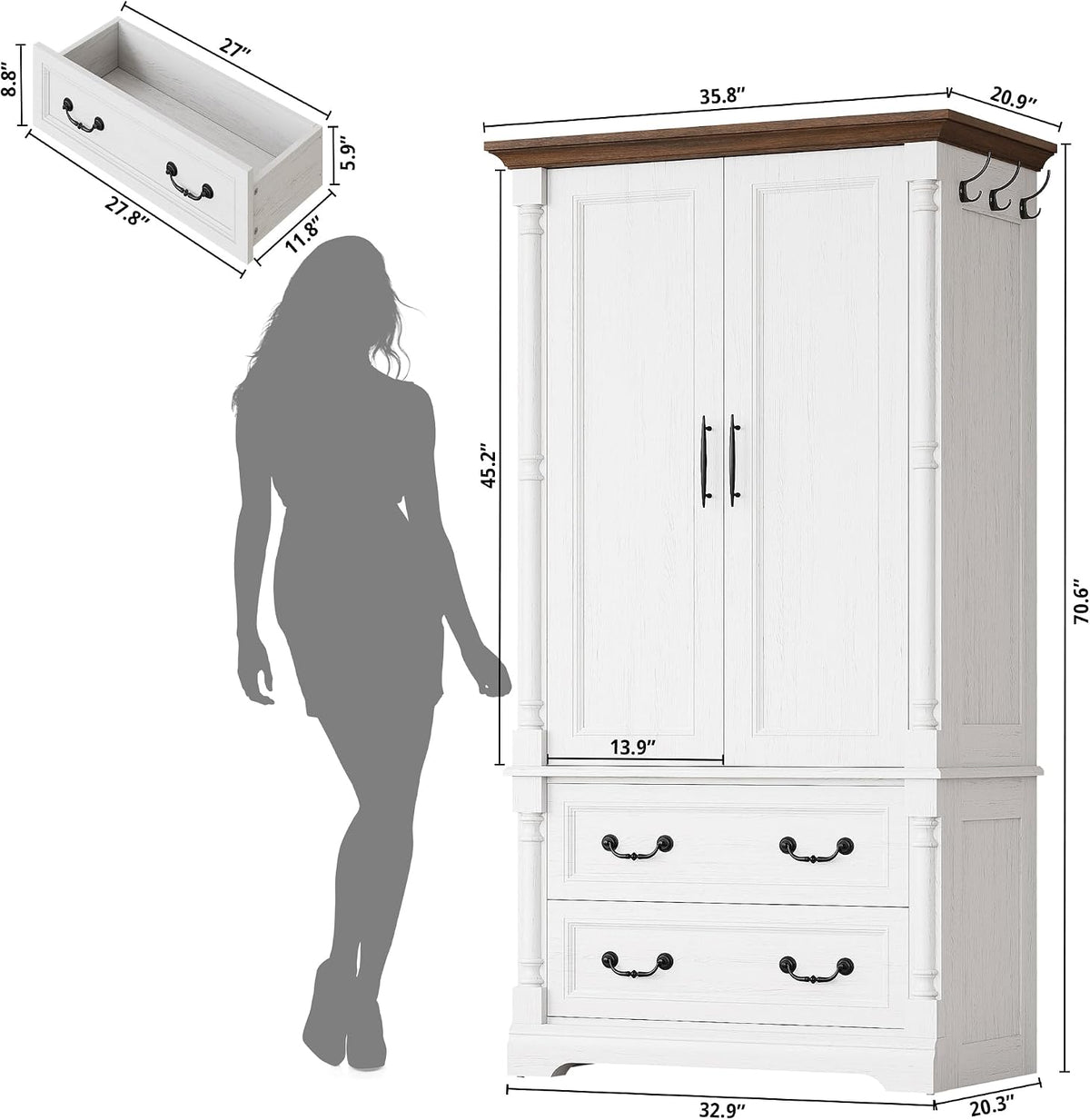 LIKIMIO Armoire Wardrobe Closet 70" with 2 Drawers for Bedroom, White | Farmhouse Wardrobe with Roman Column Doors, Hanging Rod and Side Hooks for Clothing Storage and Organization in Bedrooms