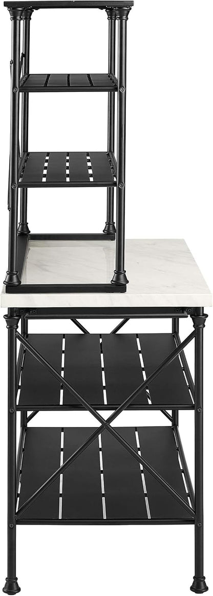 Crosley Furniture Madeleine Kitchen Island and Hutch with Shelves for Storage, Microwave Stand, Coffee Bar, Steel with Faux Marble Top