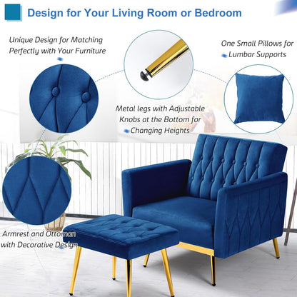 2 Pieces Velvet Sofa Set with Adjustable Armrest and Backrests, Blue | 70” Convertible Futon Sofa Bed & Mordern Accent Chair with Ottoman for Living Room, Bedroom
