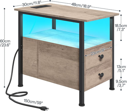 HOOBRO End Table with Charging Station & Led Light, Flip-Top Narrow Side Table with 2 Drawers, Nightstand for Small Spaces, Bedroom, Living Room, Stable and Sturdy, Greige and Black BG436UDBZ01