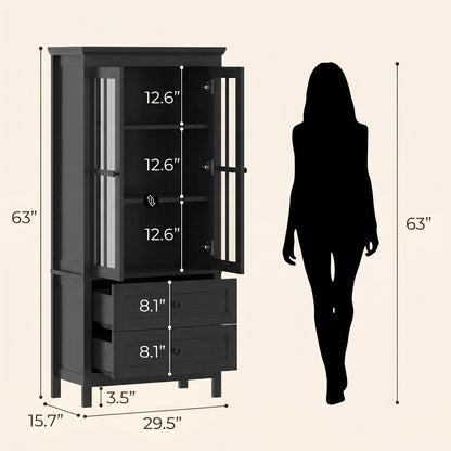 63" Kitchen Pantry Cabinet, Modern Farmhouse Storage Cabinet with Tempered Glass Doors & 2 Large Drawers, Wood Cupboard with Adjustable Shelves for Dining Room, Kitchen, Black