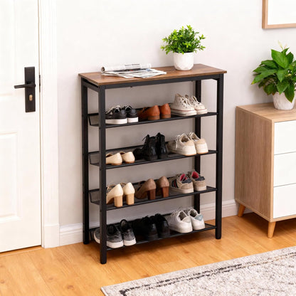 5-Tier Shoe Rack, Tall Industrial Shoe Organizer with Metal Mesh Shelves, Free-Standing Storage Rack for Entryway, Closet, or Bedroom, Rustic Brown and Black