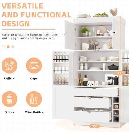 77'' Tall Freestanding Kitchen Pantry Cabinet, 35"L x 17.7"W Modern Shaker Style Cupboard with Adjustable Shelves, Wine Racks, Power Outlet & USB Ports, Anti-Tip Design, Easy Assembly (White)