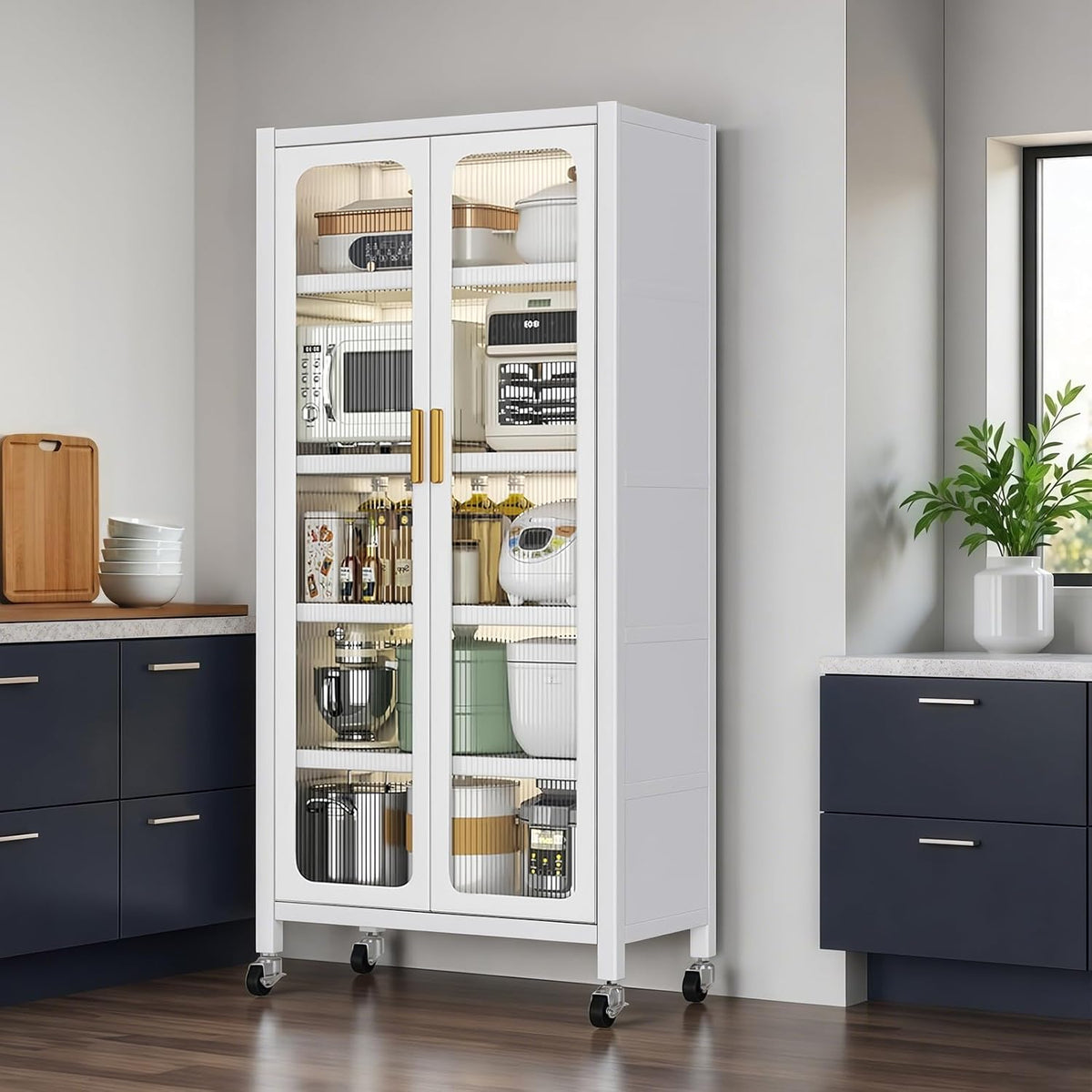 65" Tall Freestanding Kitchen Pantry Cabinet, 6-Tier Metal Food Pantry Storage Cabinet with Transparent Door, Adjustable Shelves and Rolling Wheels,Display Cabinet for Kitchen, Living Room,White