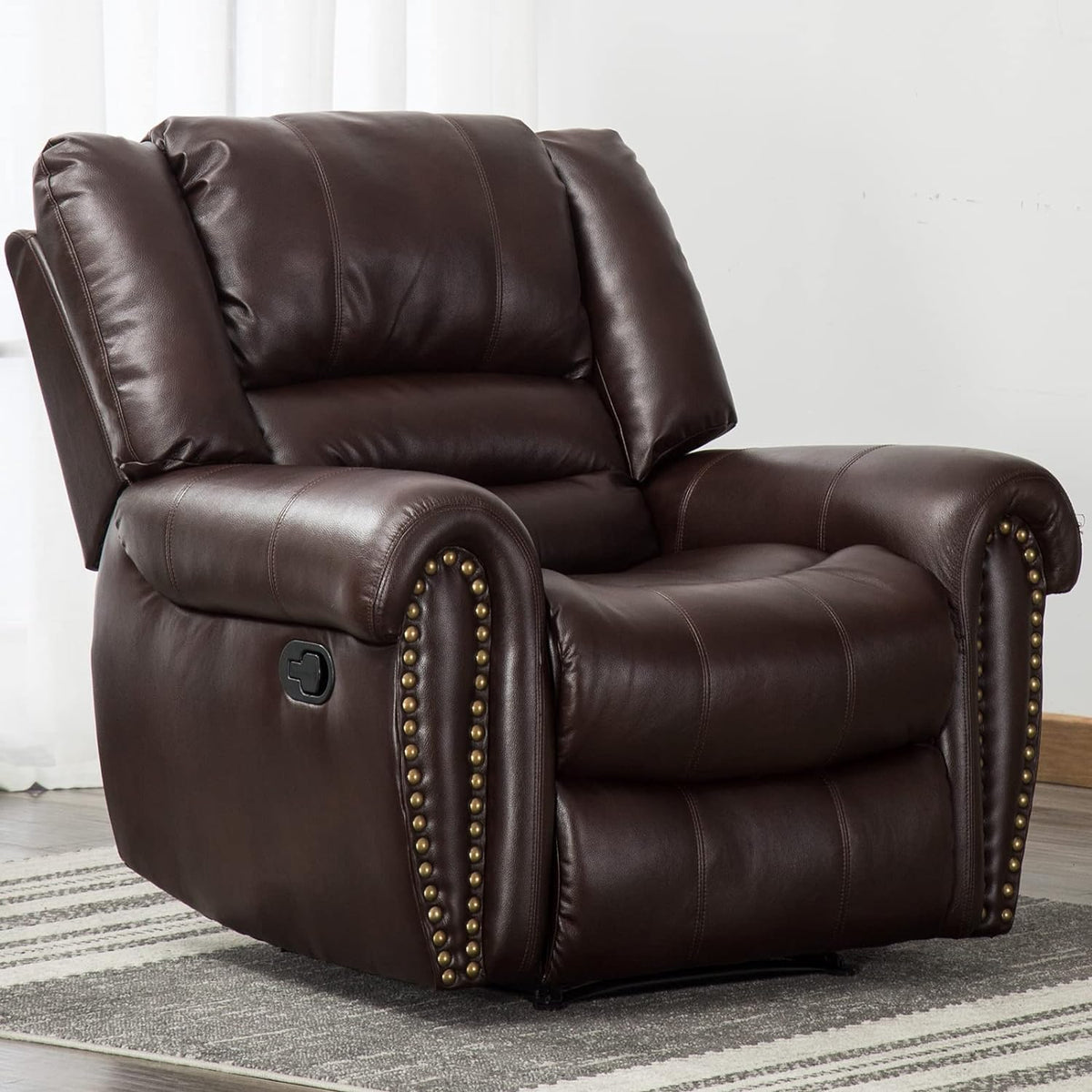 CANMOV Leather Recliner Chair, Classic and Traditional Manual Recliner Chair with Comfortable Arms and Back Single Sofa for Living Room, Brown