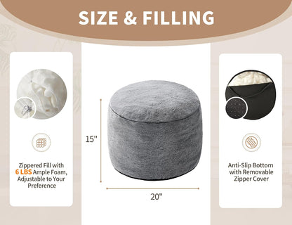 WSOFRLAC Round Pouf Ottoman, Small Poofy Ottoman, Foot Stools Ottomans, Foot Rest for Couch, Furry Poufs for LivingRoom, Hassocks and Ottomans Soft for Chair, Memory Foam Filling-Dark Grey 20x15